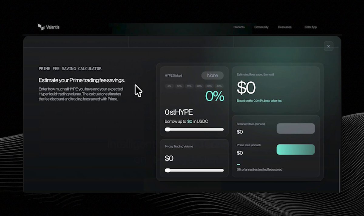 A screenshot of a trading platform's interface with text indicating discounts for users, which reads "stHYPE Fee Discounts are Live! check your savings at valantis.xyz Traders can estimate how much they can save on Hyperliquid fees by using @ValantisLabs".