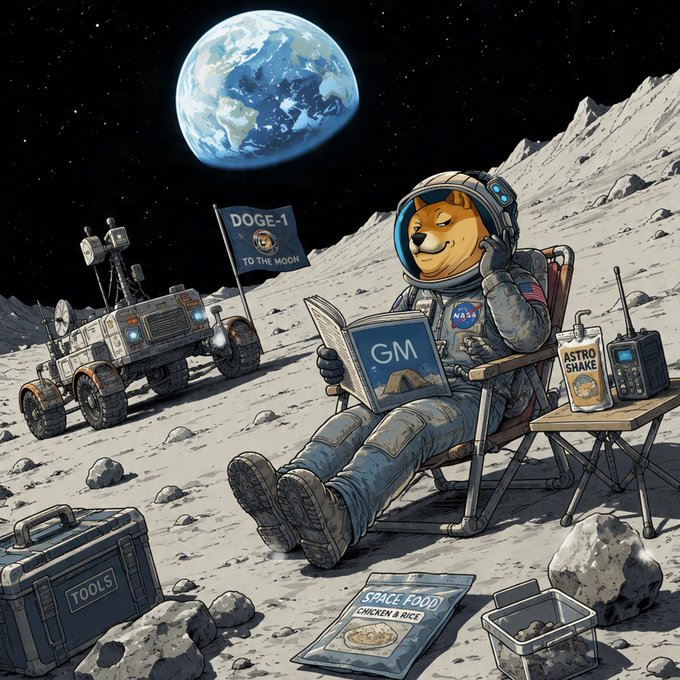 A Shiba Inu dog wearing a NASA spacesuit sits relaxed in a lunar camping chair on the moon, reading a "GM" book while Earth looms large in the background, with a lunar rover, a "DOGE-1 TO THE MOON" flag, an "Astro Shake," a "Space Food Chicken & Rice" packet, and a "Tools" case scattered around—depicting the first DOGE-1 space mission funded entirely by Dogecoin, with "GM" standing as crypto slang for "Good Morning."