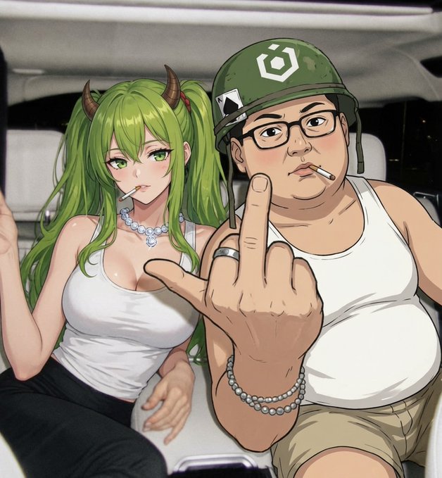 The image features a man wearing a green helmet, holding a cigarette, and making a peace sign gesture towards another person who is also wearing a helmet but without glasses or any other distinguishing feature. The scene takes place inside a car, with both individuals sitting in the back seat area of the vehicle.