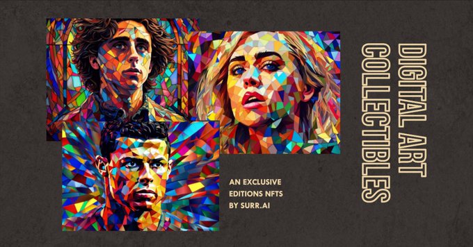 A promotional graphic for 'Digital Art Collectibles' by Surr.ai, featuring three colorful cubist-style NFT portraits with the text 'An exclusive editions NFTs by Surr.ai'.