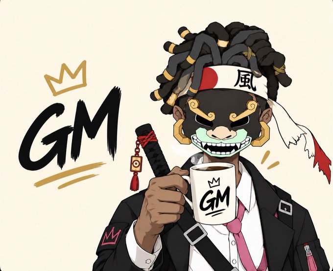 A stylized cartoon illustration of a character wearing a demon-like mask, holding a sword and a white coffee mug labeled 'GM', with large 'GM' brushstroke text and a crown graphic on the side.