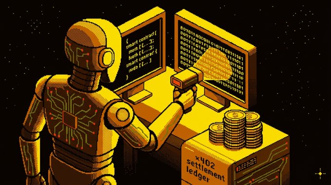 A pixel-art illustration shows a golden robot using a barcode scanner at computer monitors displaying "smart_contract" code, next to a "x402 settlement ledger" box topped with stacks of gold coins.