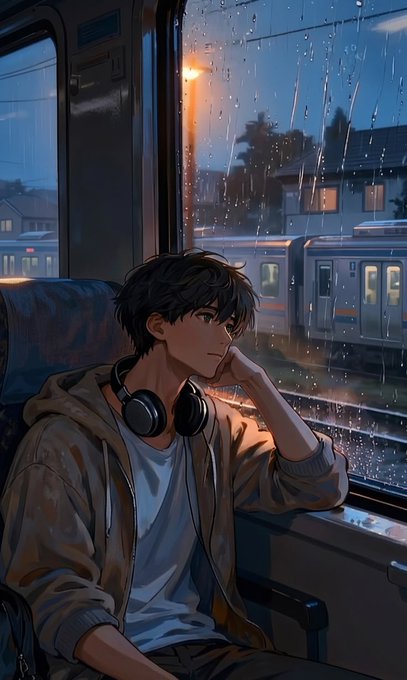 The image features a young man sitting inside of a train, wearing headphones and looking out the window at the rain outside. The background shows a city street with buildings visible through the window. There are also other people present in the scene, but they are not the main focus of the image.