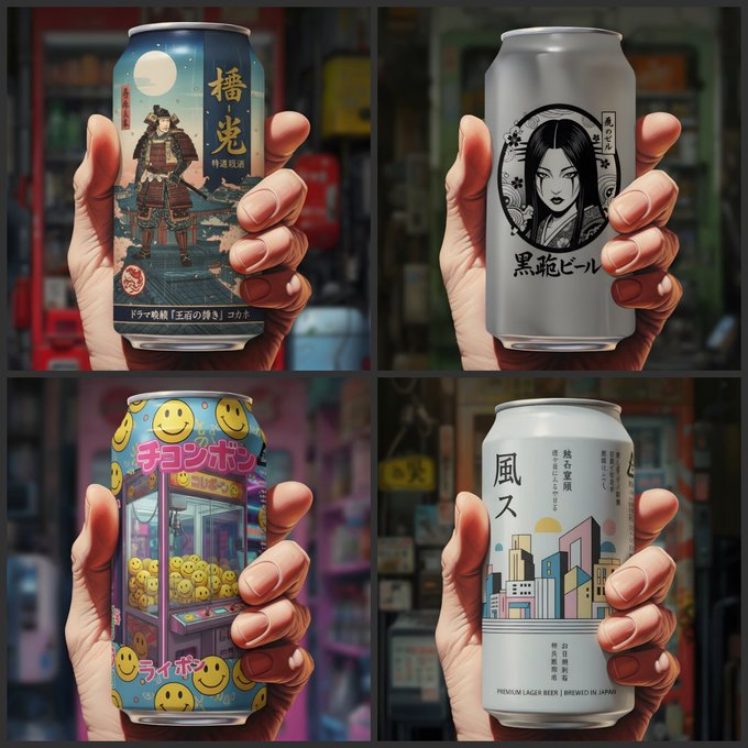 A four-panel collage of hands holding Japanese-style beverage cans, featuring designs including a samurai ("播虎"), a geisha ("黒龍ビール"), a claw machine with smiley faces ("チョンボン"), and a cityscape ("風ス").