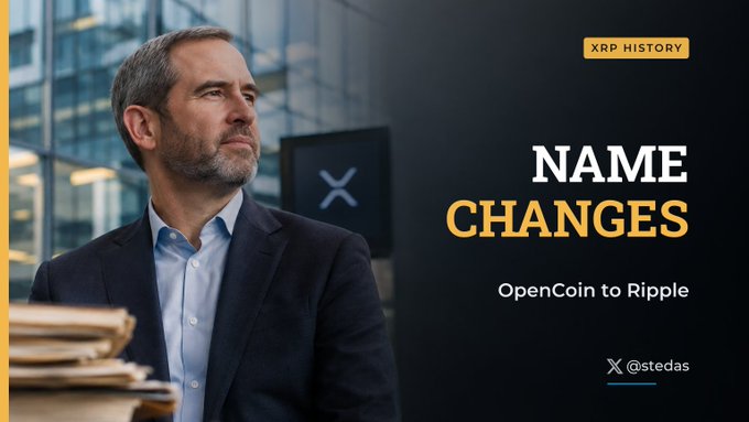 Promotional graphic featuring Brad Garlinghouse with text 'XRP HISTORY - NAME CHANGES - OpenCoin to Ripple' and the @stedas handle.