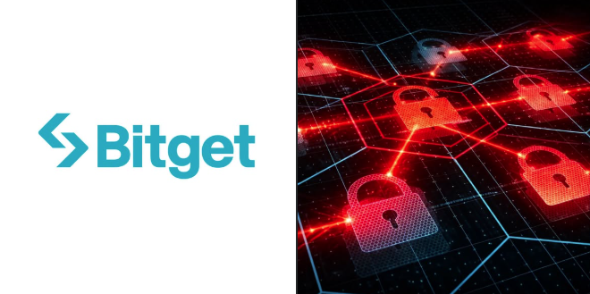 A split image with the blue Bitget cryptocurrency exchange logo on the left and a 3D graphic of interconnected red glowing padlocks on a hexagonal grid representing network security on the right.