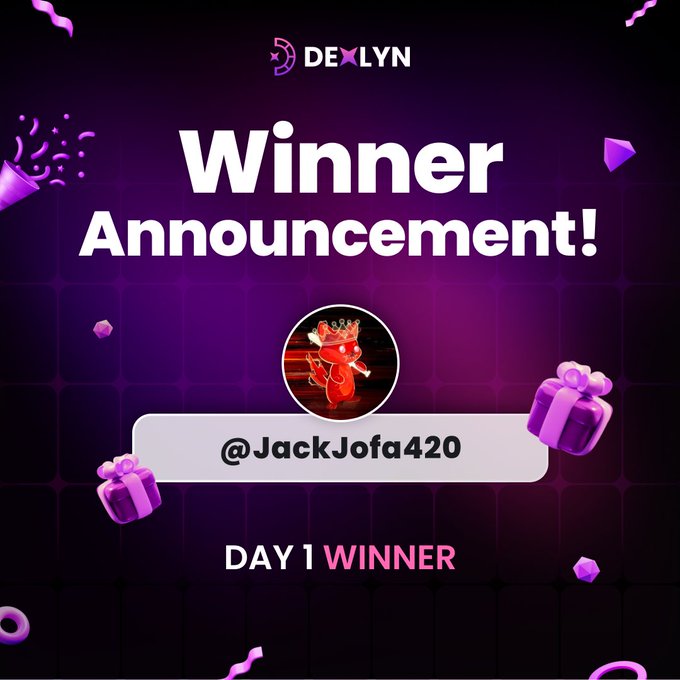 In the image, there's a poster featuring a red character with a crown who has just won an event or a prize. The character is standing against a purple background with a grid of squares around them. Below this scene, the text "Winner Announcement!" is displayed in a white font at the top, and "@JackJofa420" is written below it in smaller white letters. There are two pink boxes with gifts surrounding the red character, one situated above the left corner and another on the right side of the image. The overall layout of the image emphasizes the connection between the winning character and the winner's message about their achievement.