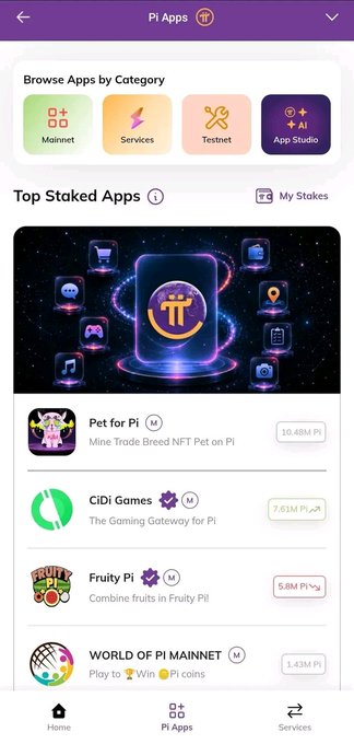 This screenshot displays the "Pi Apps" interface, showcasing various applications within the Pi Network ecosystem like "Pet for Pi," "CiDi Games," "Fruity Pi," and "World of Pi Mainnet," illustrating the growing digital economy mentioned in the post.