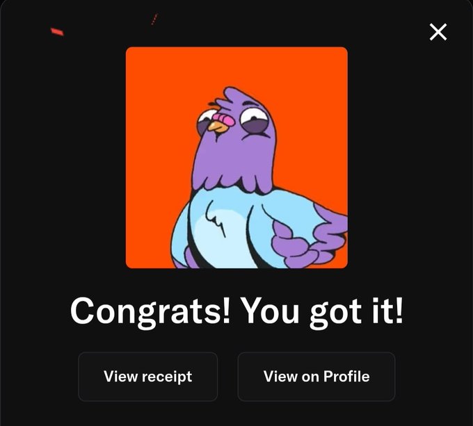 A confirmation screen displays a purple and blue cartoon bird character on an orange background with the text "Congrats! You got it!" and buttons to "View receipt" or "View on Profile," confirming the successful minting of the Wingston NFT by Rally as mentioned in the post.
