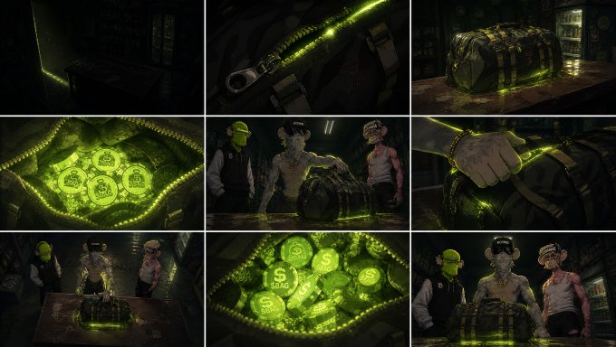 A grid of nine dark, atmospheric screenshots from what appears to be a video game, featuring glowing green elements, treasure chests, and various stylized characters.