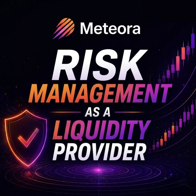 The image is an illustration of a purple and orange shield that says "Risk Management as a Liquidity Provider". This shows the importance of risk management when investing or trading online, specifically with cryptocurrency exchanges like @Meteora AG. A good LPing understands this risk management concept to protect their capital from potential losses due to risky assets, ensuring better returns over time.