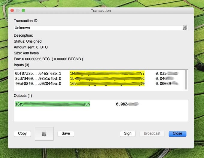 A screenshot of a cryptocurrency 'Transaction' window displaying a Bitcoin transaction in 'Unsigned' status with 3 inputs and 1 output, showing transaction IDs and BTC amounts with sensitive addresses redacted.