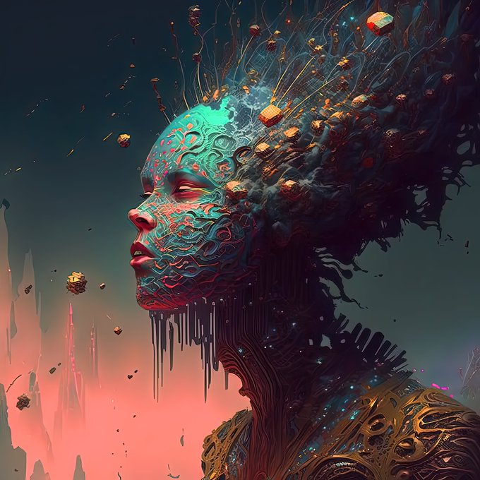 A digital artwork depicting a futuristic woman's profile adorned with glowing teal and red patterns, with golden cubes fragmenting and floating away from the top of her head.