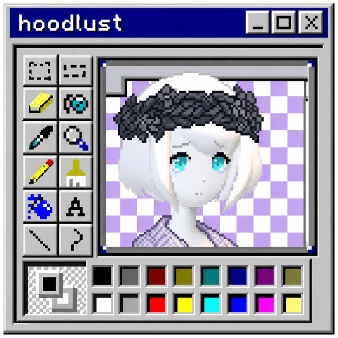 A pixel art interface titled "hoodlust" shows a character with a dark textured hood and light hair, set against a purple checkered background with various drawing tool icons and a color palette. The image relates to the post by serving as branding/logo for the "HoodLust" contest winners announcement.