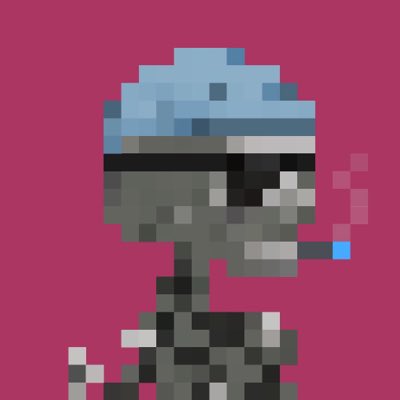 A pixel art character wearing a light blue beanie and smoking a cigarette, set against a magenta background.