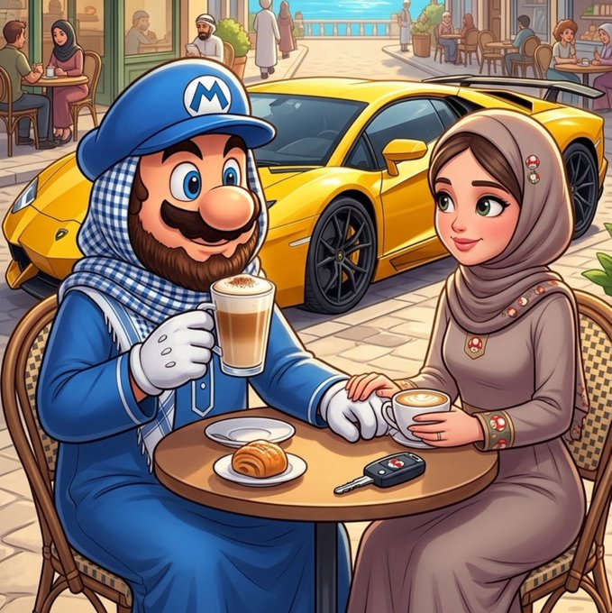 A cartoon illustration showing Mario dressed in traditional Middle Eastern attire sitting at an outdoor cafe with a woman in a hijab, with a yellow Lamborghini parked behind them.