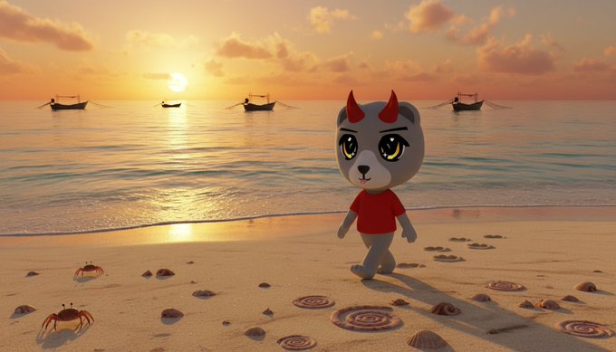 A 3D-rendered cartoon cat character with red devil horns walking along a beach at sunset, with boats in the background and crabs and spiral shells on the sand.