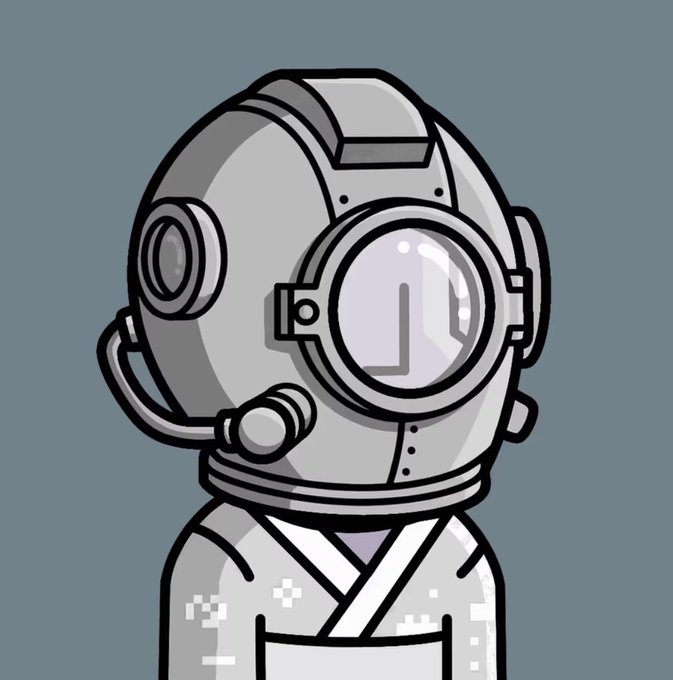 A cartoon illustration of a character wearing a vintage metal diving helmet and a grey robe with white cross patterns.