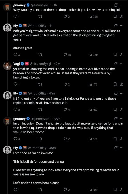 A screenshot of a Twitter/X thread discussing crypto tokens, featuring replies from users including @gmoneyNFT, @ProofOfEly, and @Houseofyogi about tokens for Pudgy Penguins and Igloo.