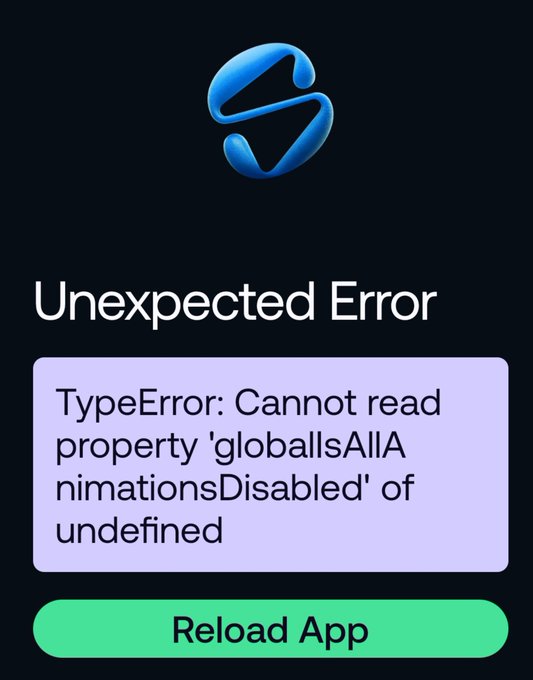 An error screen from an app displays the Internet Explorer logo and a 'TypeError: Cannot read property 'globalsAllAnimationsDisabled' of undefined' message above a green 'Reload App' button.