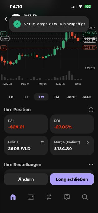 The image shows a close-up of a smartphone screen with an app displaying financial data, likely showing stock prices or trading activities. Below this display, there is text that says "Marge zu WLD hinzugstig". However, the main focus of the image appears to be on the phone's interface and screen, rather than providing information about the post or user input in the caption provided.
