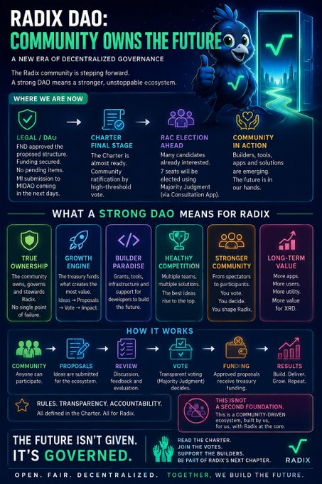 A promotional infographic for Radix DAO titled "COMMUNITY OWNS THE FUTURE," detailing decentralized governance stages from LEGAL/DAO to COMMUNITY IN ACTION, including benefits like True Ownership, Growth Engine, and Builder Paradise.