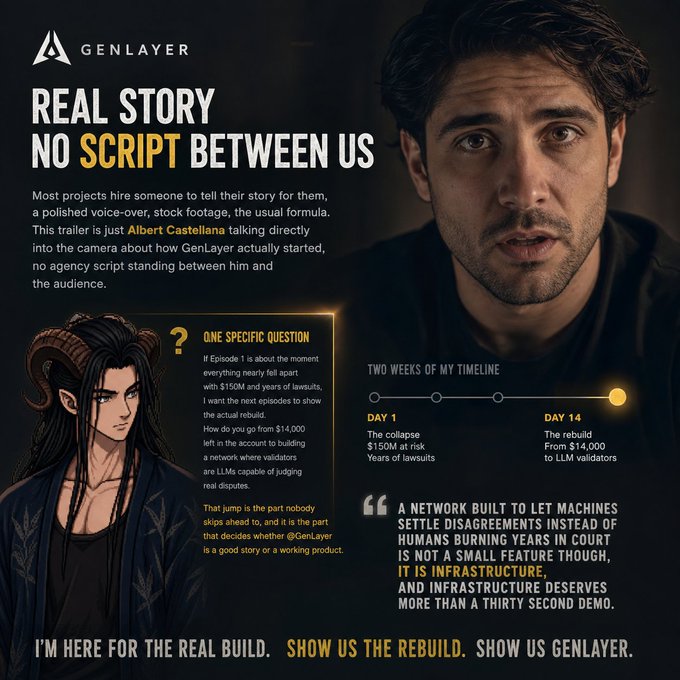 A promotional graphic for GenLayer titled "REAL STORY NO SCRIPT BETWEEN US" featuring founder Albert Castellana alongside an anime-style horned character, explaining that the project's trailer is a direct, unscripted account of its origins rather than a polished agency production. The graphic also highlights a "Two Weeks of My Timeline" section, showing a dramatic financial turnaround from a "$150M at risk" collapse on Day 1 to a "$14,000 to LLM validators" rebuild by Day 14.