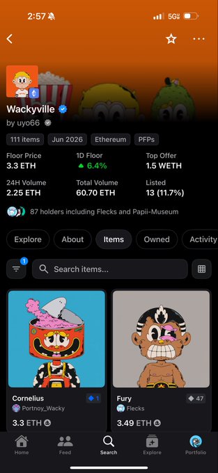 A mobile app screenshot displaying an NFT collection called 'Wackyville' by uyo66, featuring items 'Cornelius' (3.3 ETH) and 'Fury' (3.49 ETH) with Ethereum pricing details.