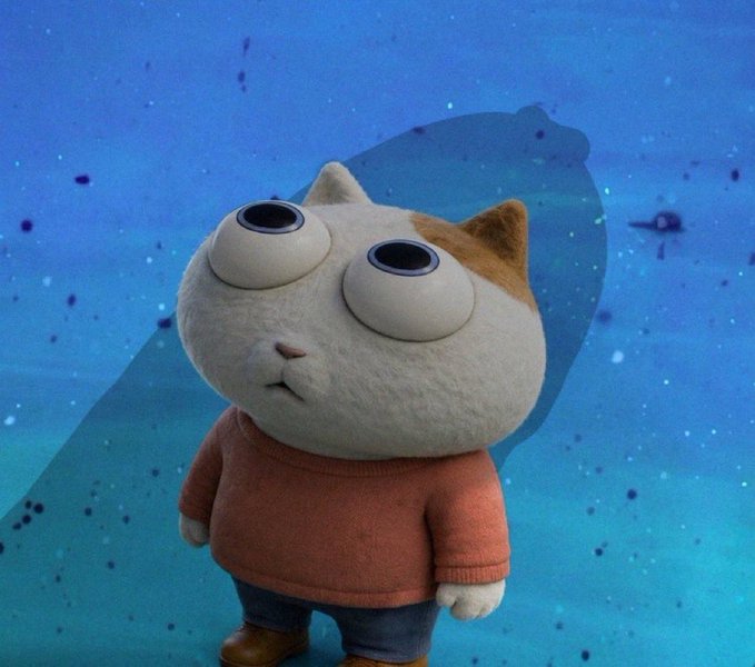 A plush cat character with oversized eyes stands against a cosmic blue background, casting a dramatic shadow that takes the shape of a figure holding what appears to be a gun. The image relates to the caption "billions will ket" by visually depicting a deceptively cute, harmless-looking cat whose shadow reveals a much darker, threatening reality—suggesting hidden danger beneath an innocent facade, much like how billions can be lost (a play on "billions will quit").