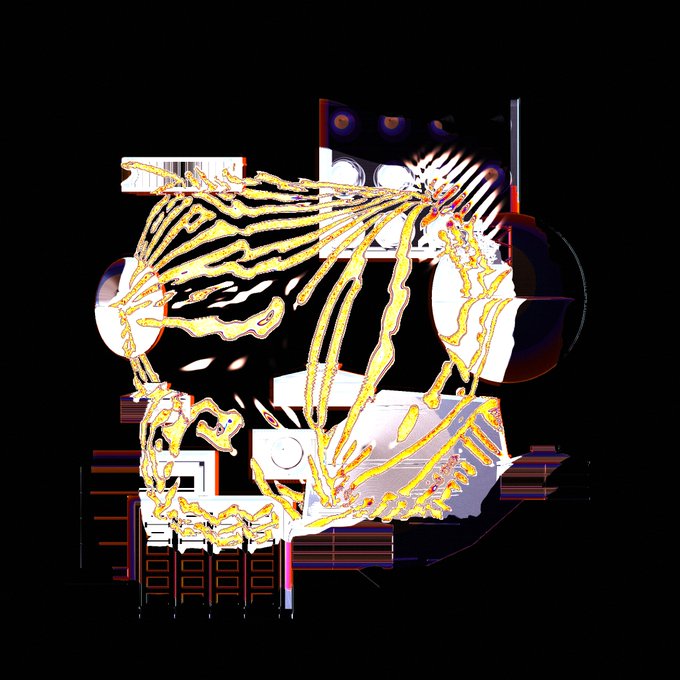 An abstract, glitch-style graphic with distorted yellow, white, and black shapes layered over a dark background with red and blue chromatic aberration effects.
