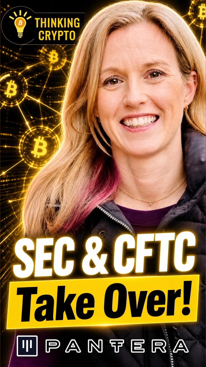 The image is a promotional graphic from Thinking Crypto featuring a smiling woman with blonde hair and pink highlights, set against a backdrop of interconnected Bitcoin symbols. Text on the graphic reads "SEC & CFTC Take Over!" and displays the "Pantera" logo, corresponding to the post about Katrina Paglia, Pantera Capital's Chief Legal Officer, discussing congressional and regulatory progress for the crypto industry.