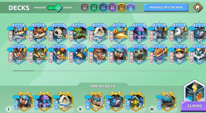 A screenshot of a deck-building mobile game interface showing various character cards at level 30, with tabs for 'PRIMARY' and 'ARENA' decks.