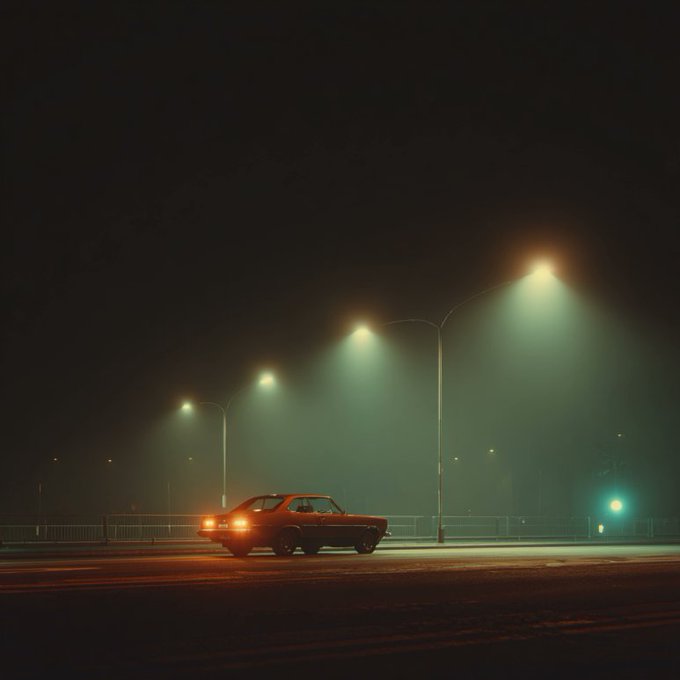 A moody night scene of a vintage car parked under glowing streetlights in a foggy environment, with a green traffic light visible in the distance.