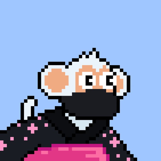 A pixel art illustration of an elderly character with white hair, thick glasses, and a black scarf adorned with pink plus-sign patterns against a light blue background.