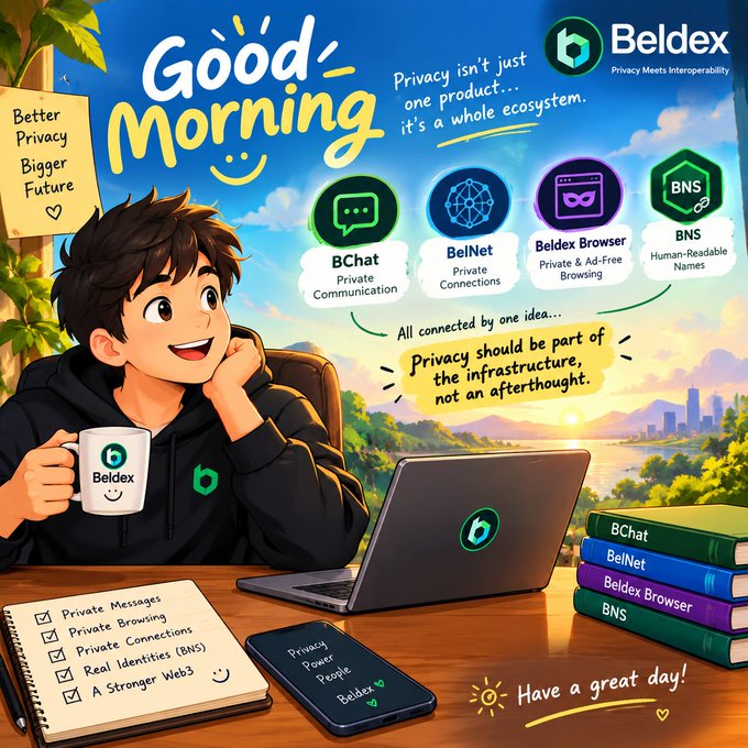 An illustrated promotional graphic titled 'Good Morning' featuring a young man with a laptop and Beldex-branded mug, highlighting products BChat, BelNet, Beldex Browser, and BNS.