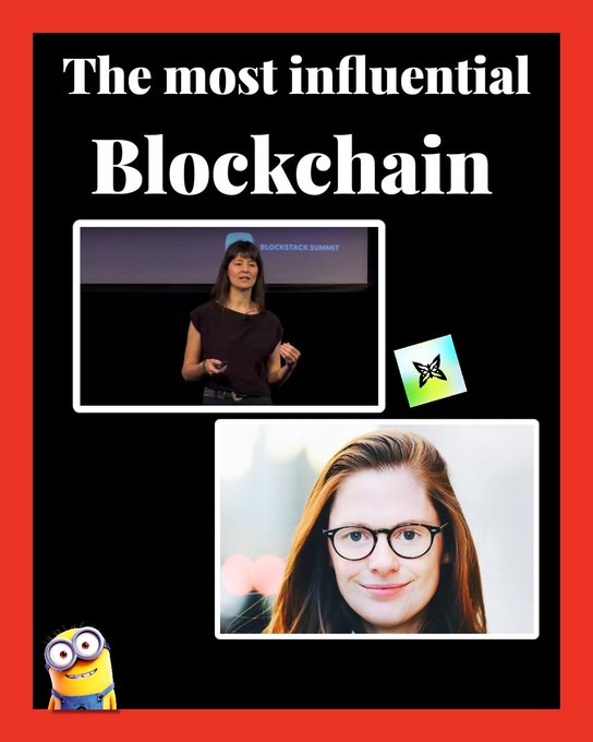 The image features two photos of women with glasses against a black background. The text above the images reads "THE MOST INFLUENTIAL BLOCKCHAIN", which suggests that the woman in the top photo might be talking about blockchain technology or its influence on society, while the woman in the bottom photo could be discussing something else entirely.