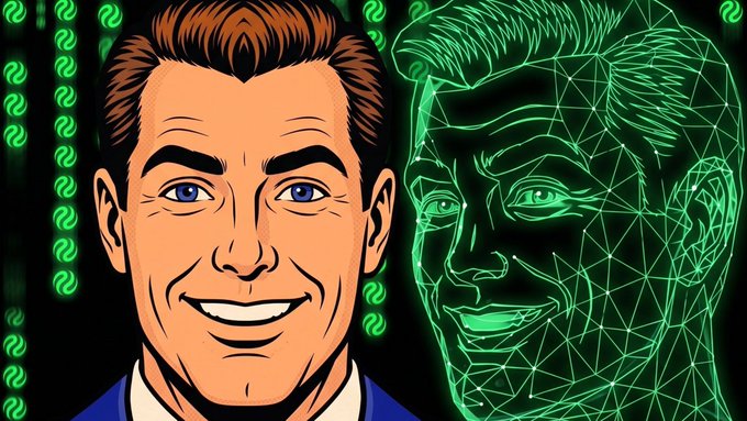 A digital illustration showing a smiling cartoon man in a suit next to a green wireframe digital face, set against a background of green binary code.