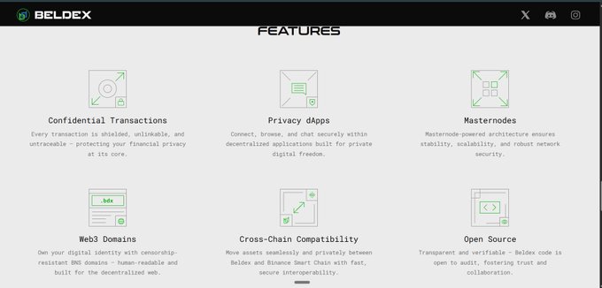 The image displays the "FEATURES" section of the Beldex website, highlighting six key attributes: Confidential Transactions, Privacy dApps, Masternodes, Web3 Domains, Cross-Chain Compatibility, and Open Source. This aligns with the post's mention of growing ecosystem activity, as the features shown support claims about active masternodes, Web3 (BNS) domains, and interoperability via the Beldex Bridge.