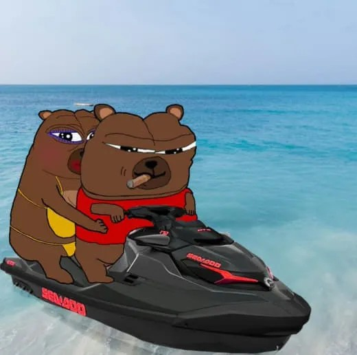 A cartoon-style image of two anthropomorphic bears riding a black Sea-Doo jet ski on bright turquoise water; the front bear smokes a cigar while the female bear holds onto him.