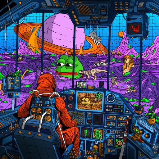 A vibrant, psychedelic digital illustration depicts a figure in a spacesuit seated at a futuristic control panel, overlooking an alien landscape featuring a large planet, dinosaurs, and strange creatures.