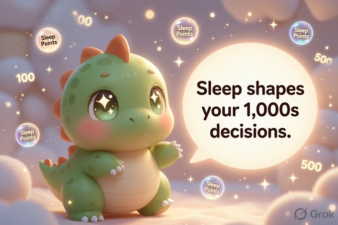 A cute cartoon green dinosaur in clouds surrounded by 'Sleep Points' bubbles, with a speech bubble reading 'Sleep shapes your 1,000s decisions.' (Grok watermark)