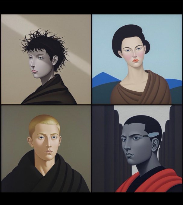 A 2x2 grid of stylized digital portraits featuring four figures with distinct hair colors and clothing against varied backgrounds.