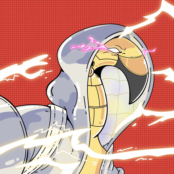 An illustration of a stylized cobra rearing up with its hood expanded, mouth wide open, and pink lightning-like energy emitting from its eyes, set against a red halftone background.