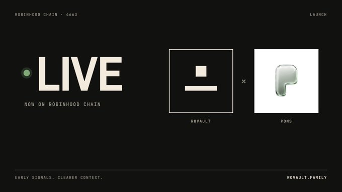 A black promotional graphic announces "LIVE NOW ON ROBINHOOD CHAIN" for $ROVAULT (contract address 0xc109AB668d9B3dEcf34eEd627d1a1a73D9152E51) in partnership with Pons (block 4663), featuring the ROVAULT and Pons logos alongside the tagline "EARLY SIGNALS. CLEARER CONTEXT."