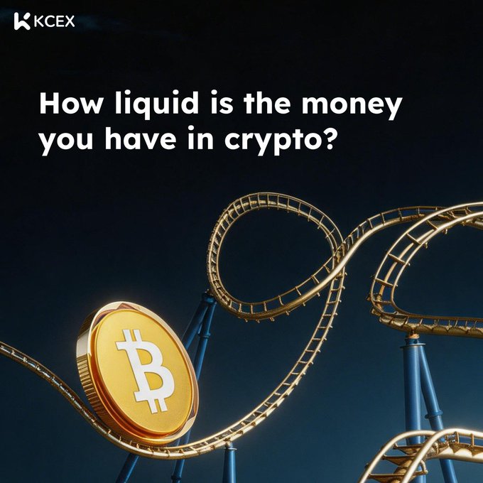 A promotional image for KCEX featuring the text "How liquid is the money you have in crypto?" displayed against a dark background with a Bitcoin coin on a golden roller coaster track.