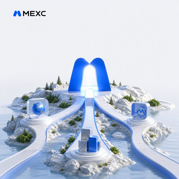 A promotional graphic for MEXC cryptocurrency exchange featuring a blue 'M' archway on a stylized island landscape with water and greenery.