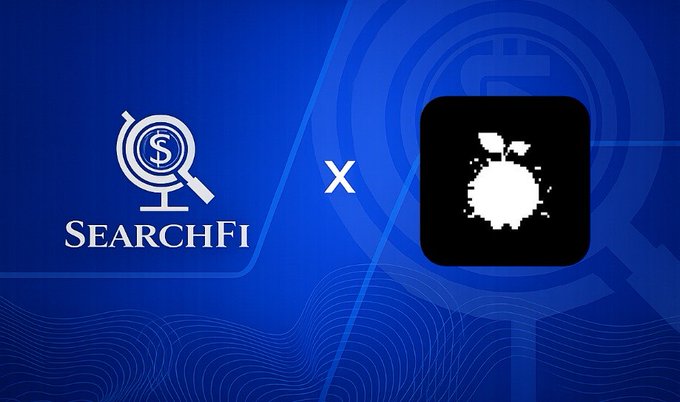 A graphic announcing a collaboration between SearchFi and Apple, featuring both logos on a blue background.