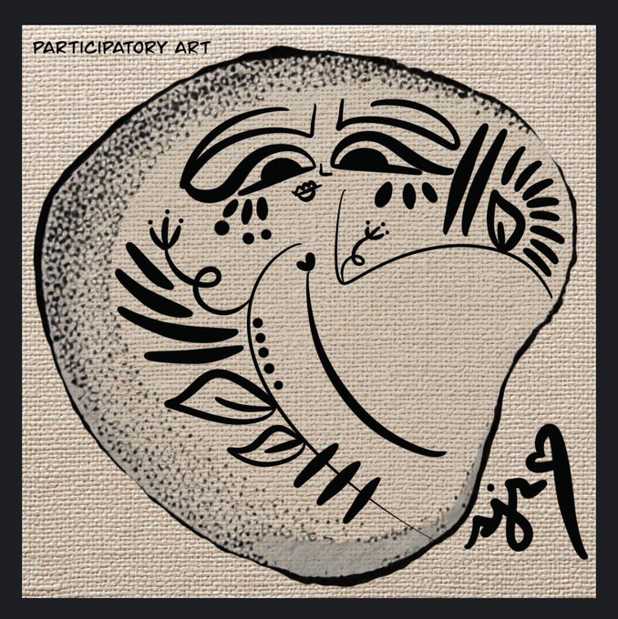 An abstract black ink drawing of a face composed of curved lines and dots on textured paper, labeled 'PARTICIPATORY ART' in the top left.