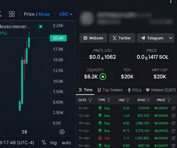 Cryptocurrency trading interface (Dexscreener) showing token price/market cap charts and transaction data including buys and sells priced in SOL.