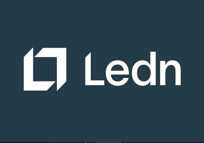 A clean, minimalist logo for 'Ledn' is displayed in white text alongside an angular geometric icon on a dark blue background.